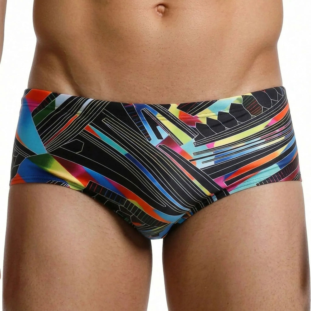 Men's square cut swim trunks with a drawstring waist, great for athletic swimming & beach.