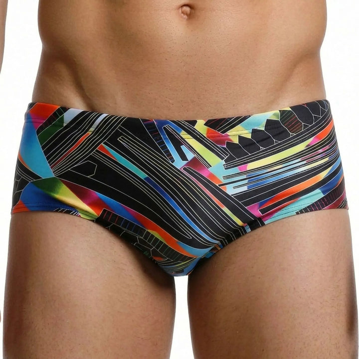 Men's square cut swim trunks with a drawstring waist, great for athletic swimming & beach.