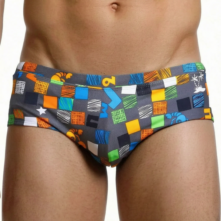 Stylish men's square cut swim trunks, low-rise design for beachwear, pool, & summer essentials.