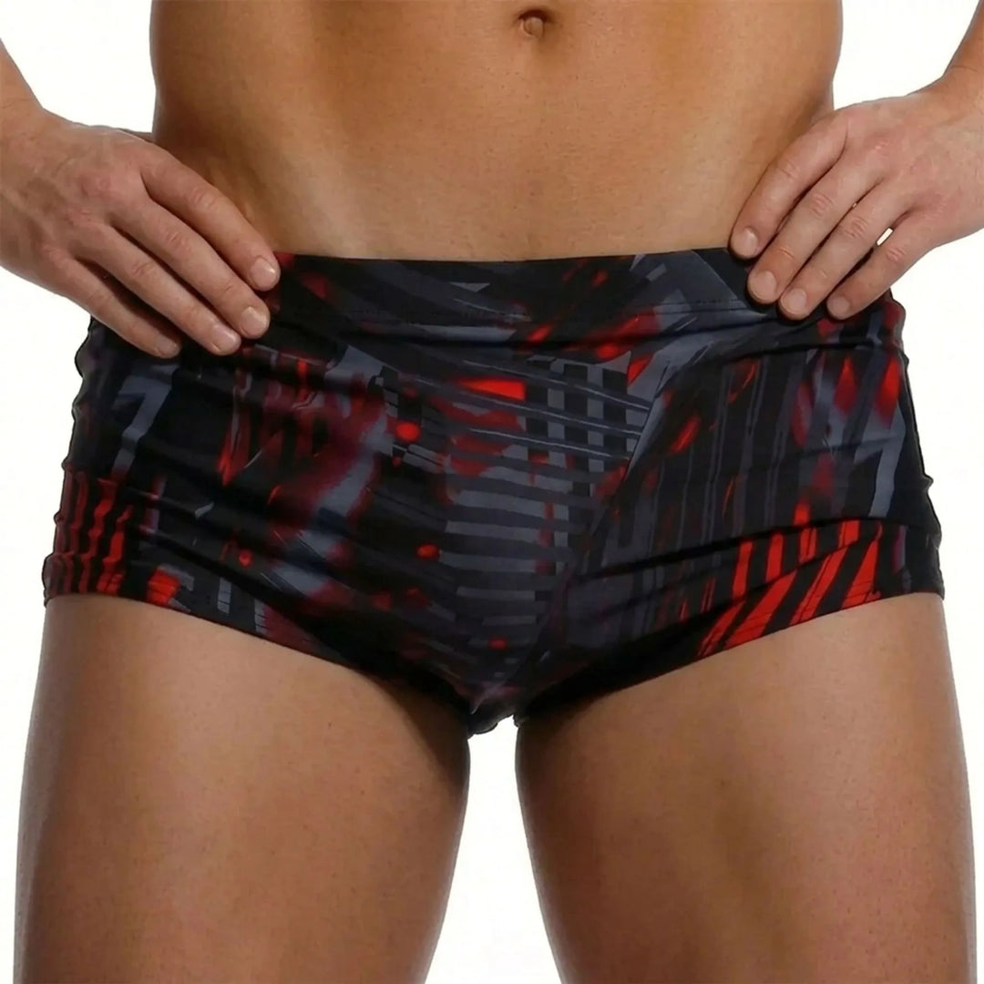 Vibrant patterned men's square cut swim trunks, excellent for active swim & vacation beachwear.