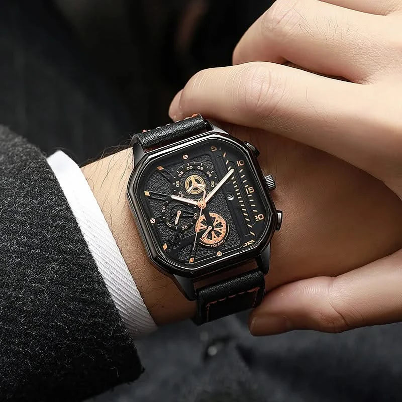 Men's square dial quartz watch with black leather strap. A classic analog dress timepiece.