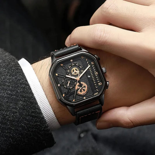 Men's square dial quartz watch with black leather strap. A classic analog dress timepiece.