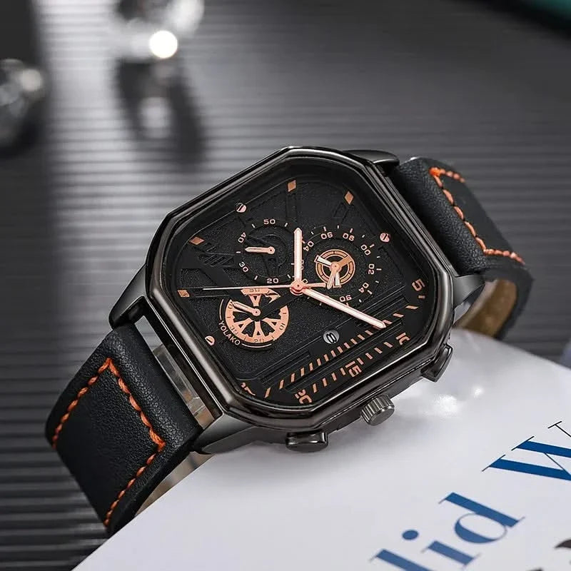 Stylish men's watch featuring a modern square dial, quartz movement, and genuine leather strap.