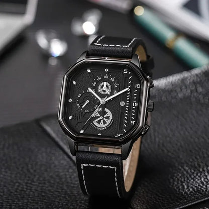 Classic men's square dial watch with a durable brown leather strap and precise quartz analog movement.