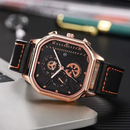 Elegant men's dress watch with a unique square face and comfortable leather band, powered by quartz.