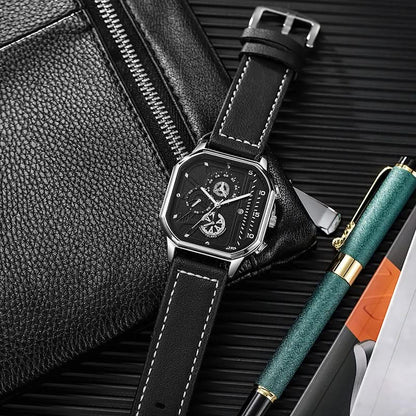 A close-up of a men's square dial quartz watch, showcasing its intricate face and smooth leather strap.