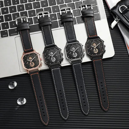 Men's sophisticated square dial timepiece, featuring accurate quartz movement and a rich leather strap.