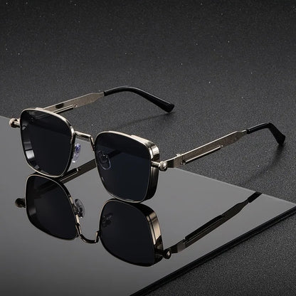 Gold square frame UV400 men's sunglasses. Geometric fashion shades offering premium eye protection.