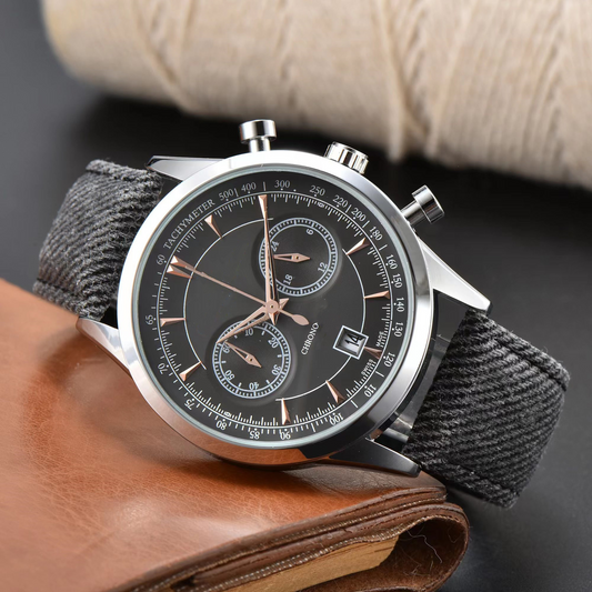 Men's stainless steel chronograph watch with a sleek black dial and precise timing functions. Perfect modern timepiece.