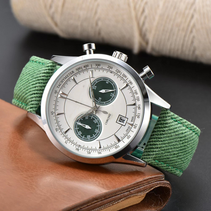 Precision men's chronograph timepiece with a stainless steel case, date window, and stylish canvas strap. Ideal for daily wear.