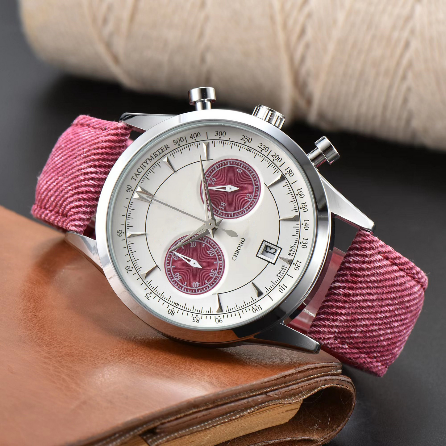 Men's modern chronograph watch crafted from stainless steel, featuring a black dial and a comfortable canvas strap.