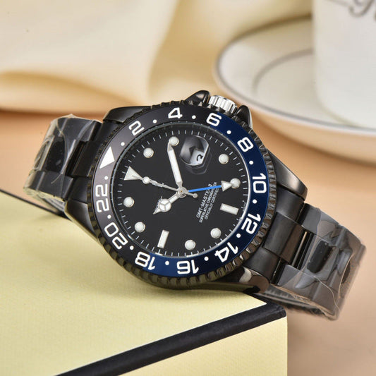 Men's stainless steel dual time GMT watch, a luxury accessory for the global traveler. Perfect men's travel watch.