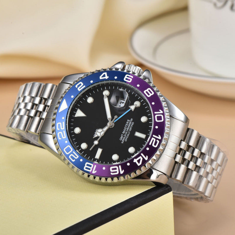 Stylish men's travel watch with dual time GMT function, a sophisticated stainless steel luxury timepiece for him.