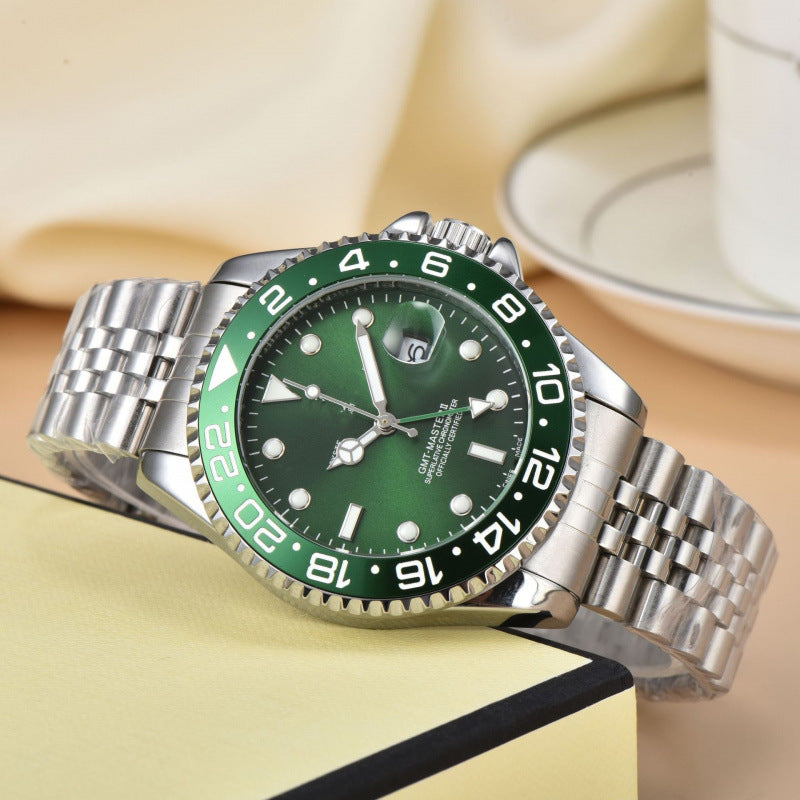 Black dial men's GMT watch, a durable stainless steel travel watch with dual time zones for the modern global traveler.