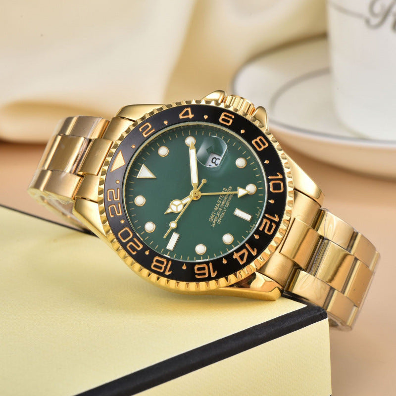 Luxury men's dual time watch, an elegant GMT timepiece in stainless steel, essential for travelers & mens accessories.