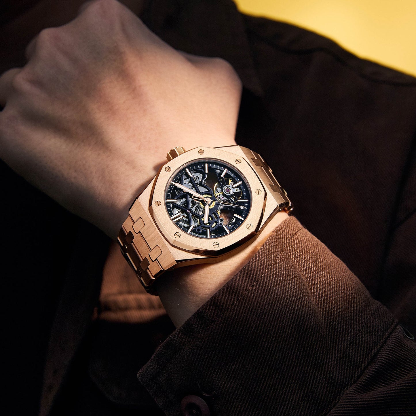Rose gold tone men's stainless steel executive watch, stylish and durable business analog timepiece.