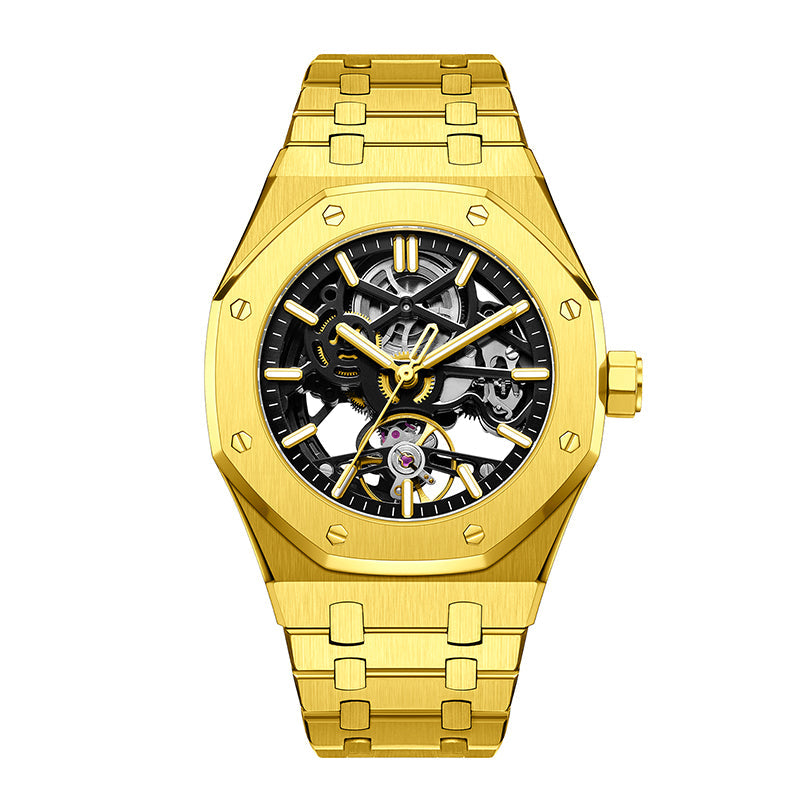 Close-up of men's stainless steel executive watch dial, showing precise analog timekeeping.