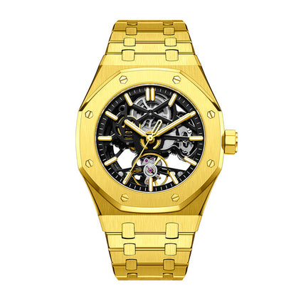 Close-up of men's stainless steel executive watch dial, showing precise analog timekeeping.