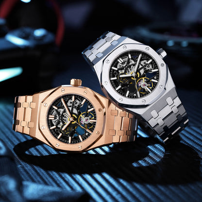 Men's stainless steel executive watch on wrist, perfect for business, formal, or casual attire.