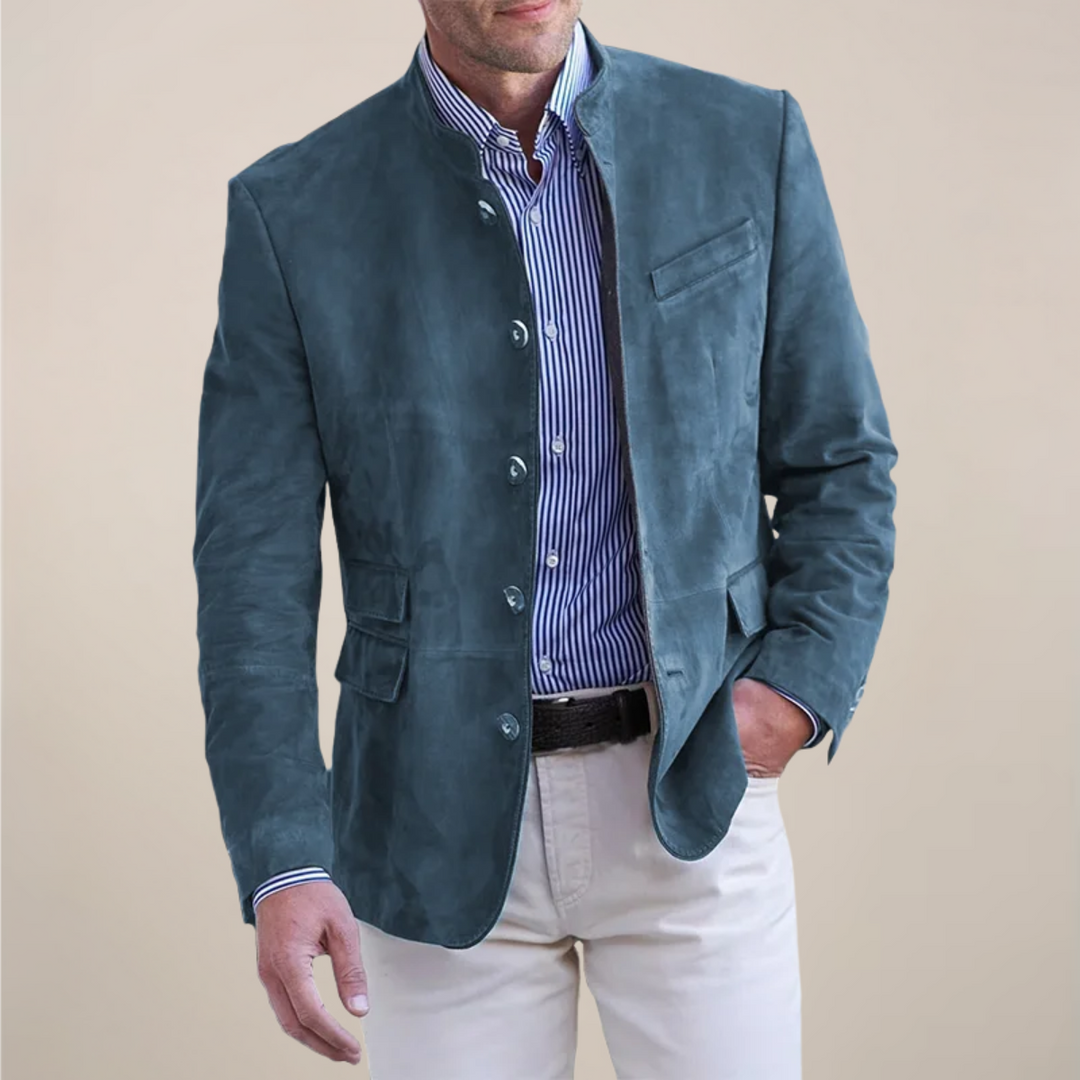 Lightweight men's stand collar blazer, a versatile smart casual jacket for layering in men's fashion.