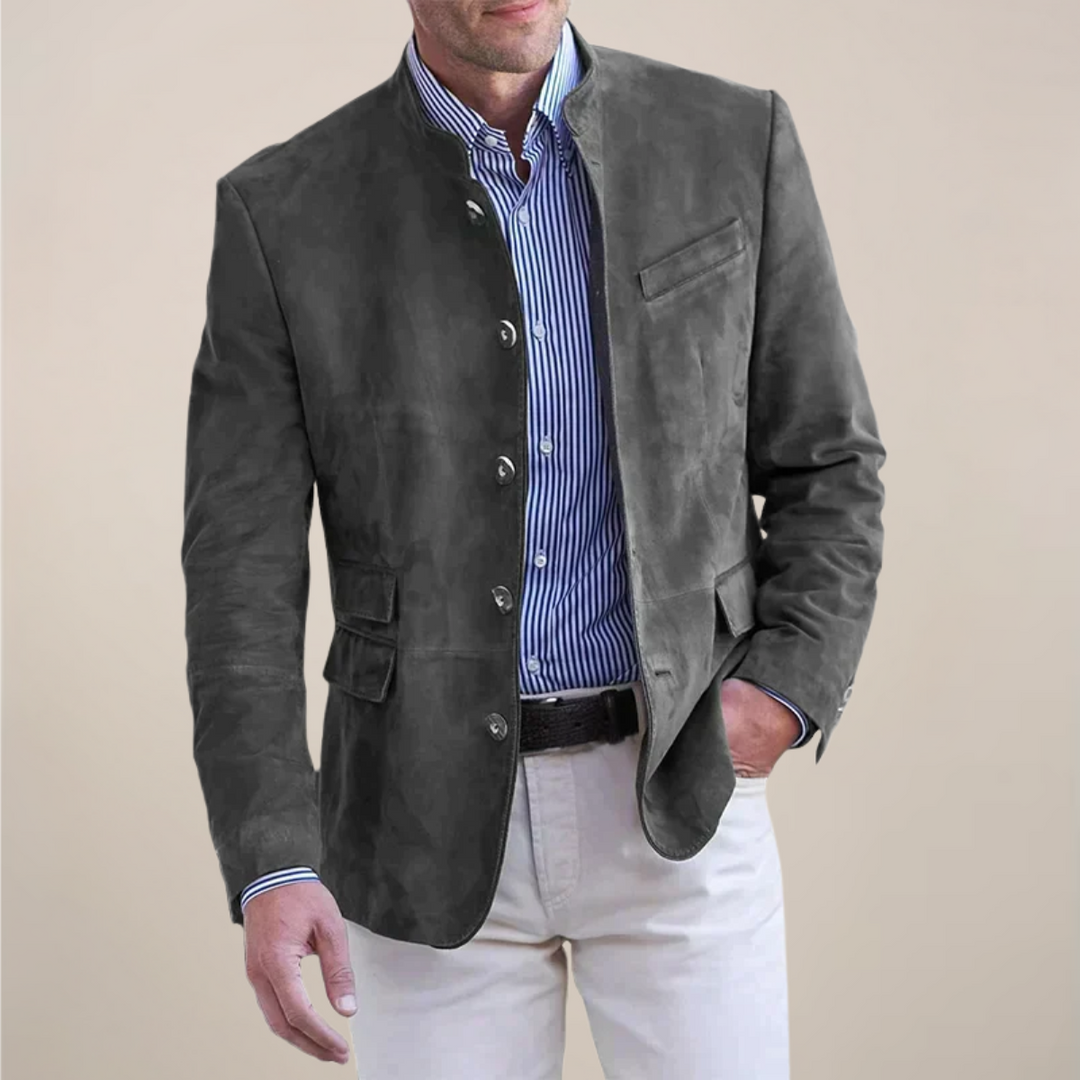 Stylish men's stand collar casual blazer, suitable for smart casual events or as a modern formal layering piece.