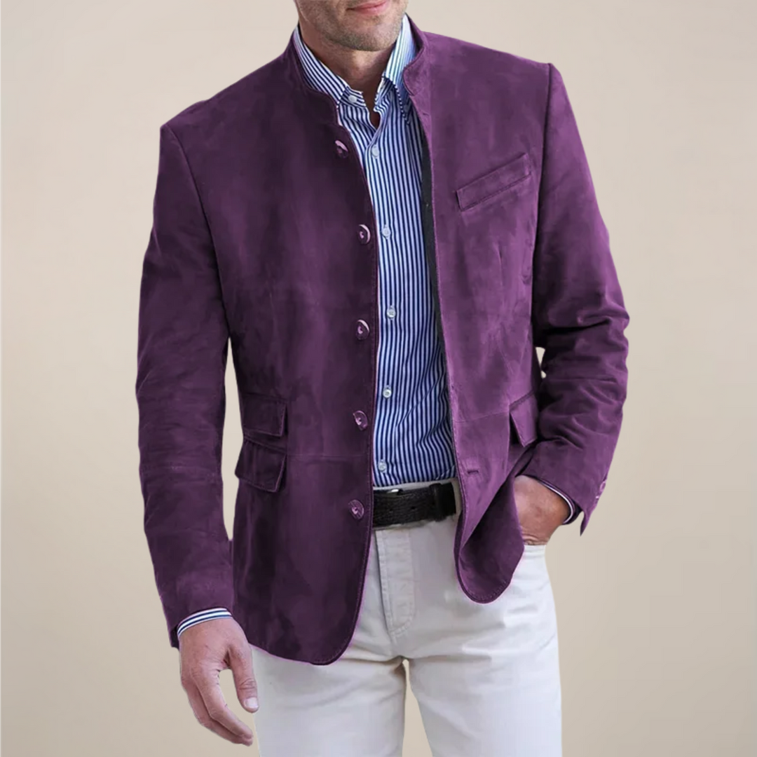 Modern men's stand collar blazer, a smart casual tailored jacket for any occasion, enhancing men's fashion.