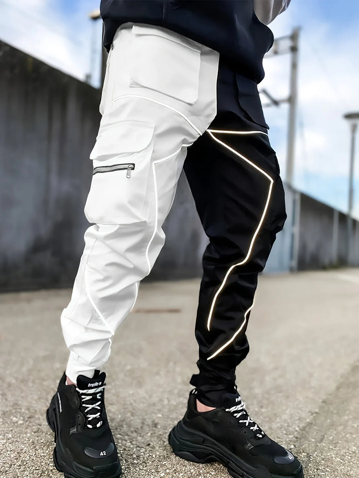 Stylish men's reflective cargo joggers with multiple pockets for functionality and modern appeal.