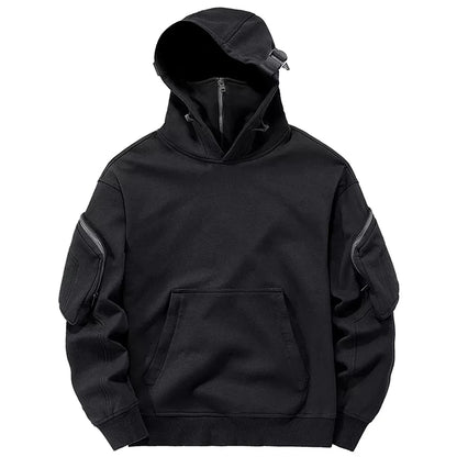 Men's Stealth Zip Hoodie with front shield, modern fit, and ribbed cuffs. Casual everyday outerwear.
