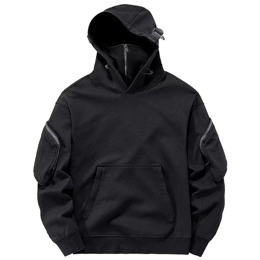 Men's Stealth Zip Hoodie with front shield, modern fit, and ribbed cuffs. Casual everyday outerwear.