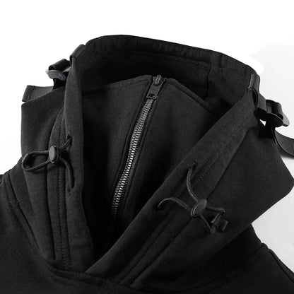 Stylish men's zip up hoodie. Stealth design with front shield and practical zipper pockets for urban wear.