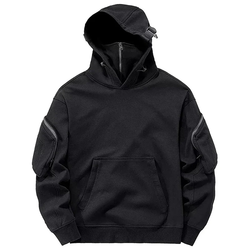 Men's fashionable zip hoodie, stealth design with a protective front shield and convenient zipper pockets.