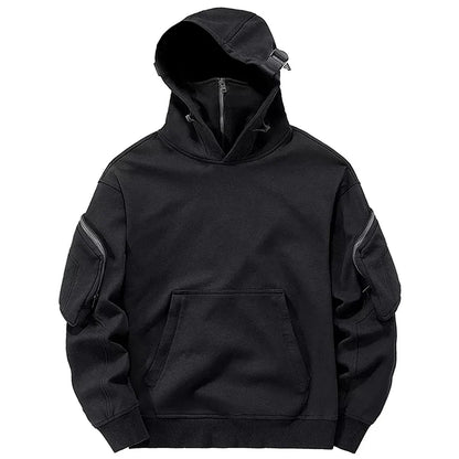 Men's fashionable zip hoodie, stealth design with a protective front shield and convenient zipper pockets.