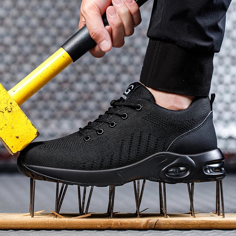 Comfortable men's steel toe work boots with ankle support, ideal for long hours in warehouse or job site.