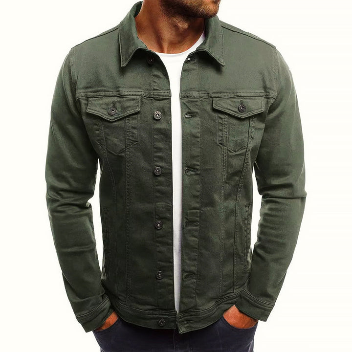 Comfortable men's blue denim jacket, an all-season layering piece for stylish casual outfits.