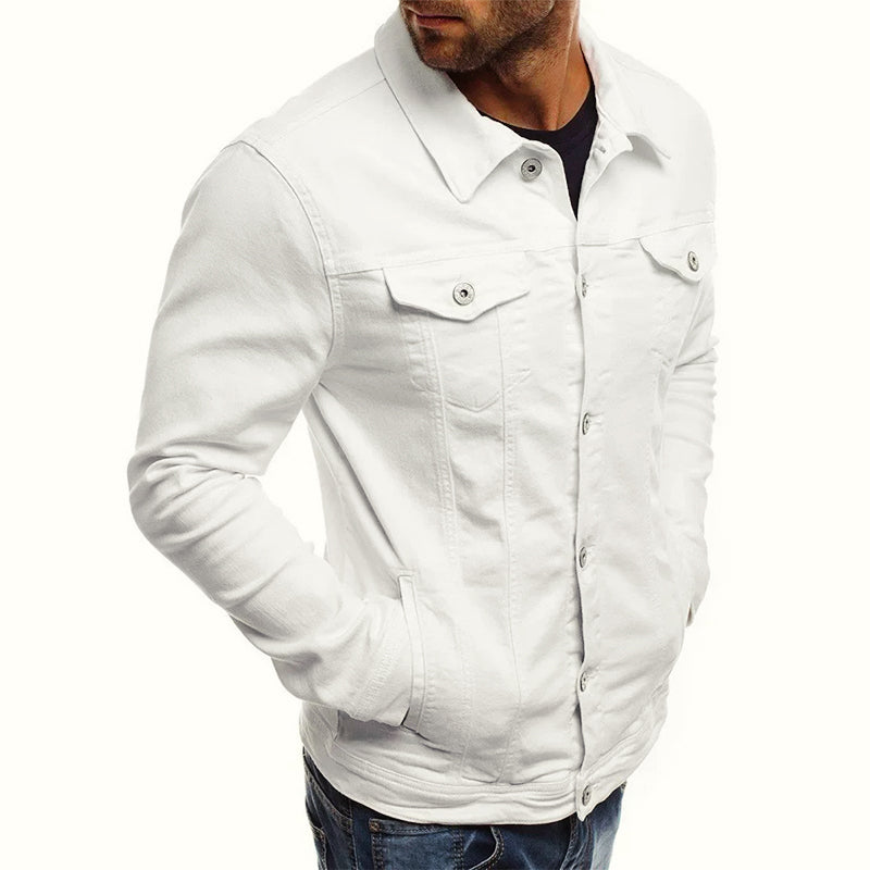 Fashionable men's denim jacket, an iconic casual outerwear staple for modern style.