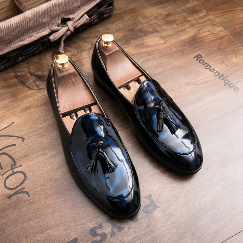 Men's Sterling Midnight Tassel Loafers, elegant dress shoes for formal events & stylish mens attire.