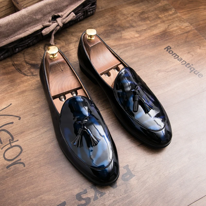 Men's Sterling Midnight Tassel Loafers, elegant dress shoes for formal events & stylish mens attire.