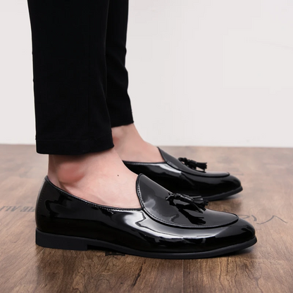 Men's comfortable loafers in Sterling Midnight, sleek formal shoes with stylish tassel details.