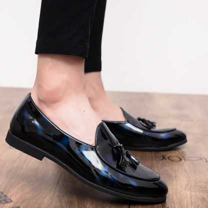 Formal men's black loafers, the Sterling Midnight Tassel Loafers for refined mens style.