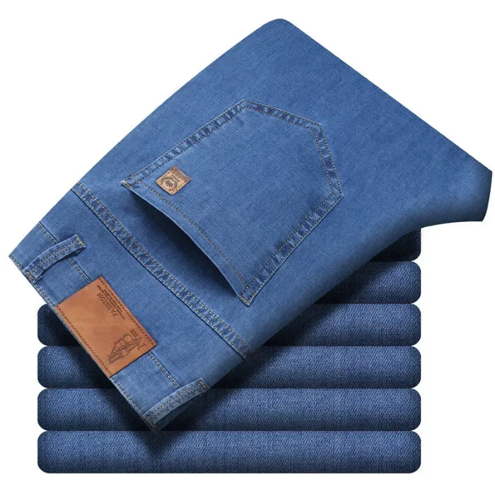 Front view of men's straight fit blue denim jeans, showcasing a timeless casual look.