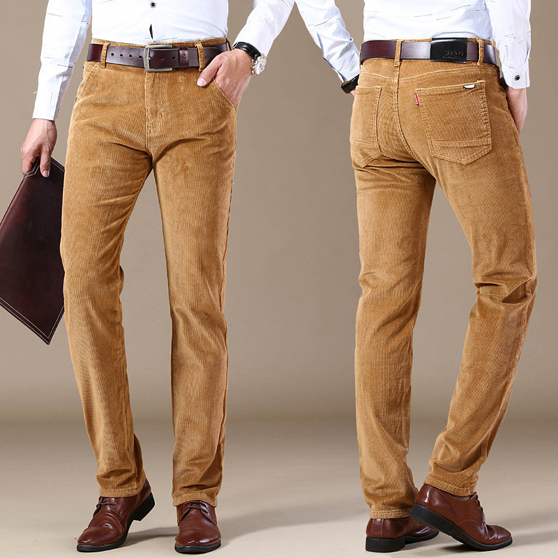 Men's stretch corduroy trousers, tailored fit, cotton blend, comfortable casual pants for fall fashion.