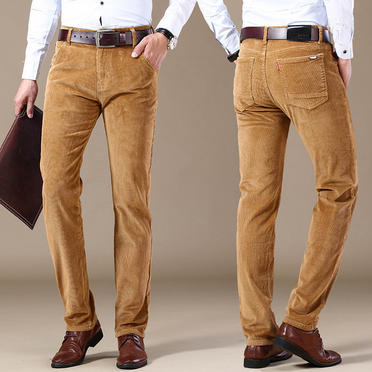 Men's stretch corduroy trousers, tailored fit, cotton blend, comfortable casual pants for fall fashion.