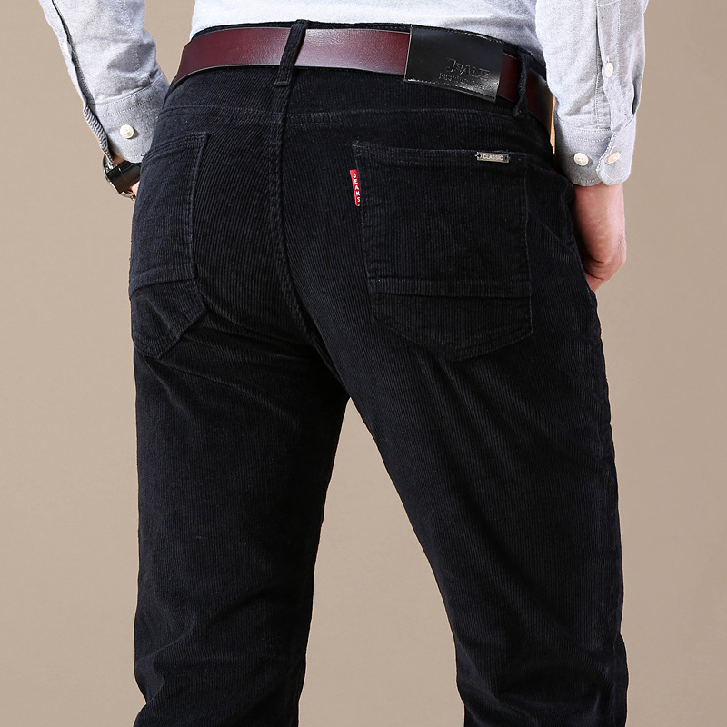 Side pocket detail on men's stretch corduroy trousers, functional & stylish casual pants for men's apparel.