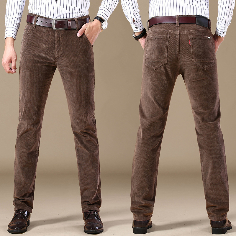 Man wearing comfortable tailored fit men's stretch corduroy trousers, perfect fall fashion for casual wear.