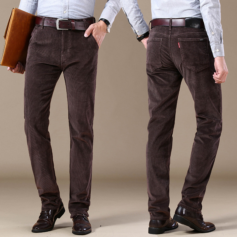 Rear view of men's stretch corduroy trousers, highlighting tailored fit & pocket details for casual style.