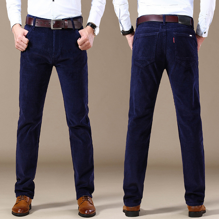 Detail of leg opening on men's tailored fit stretch corduroy trousers, versatile men's casual pants.