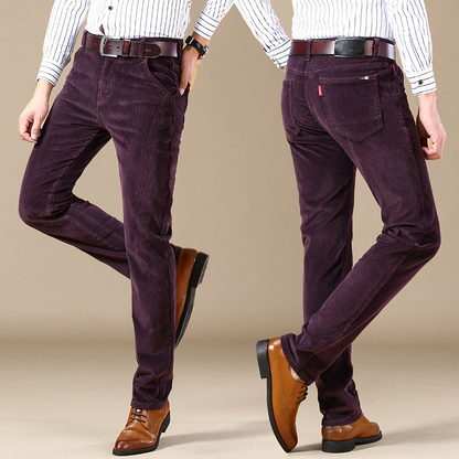 Neatly folded men's stretch corduroy trousers, ready for comfortable everyday wear, cotton blend casual pants.