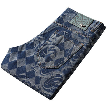 Men's stretch denim comfort fit jeans with unique etched design. Ideal for stylish casual wear.
