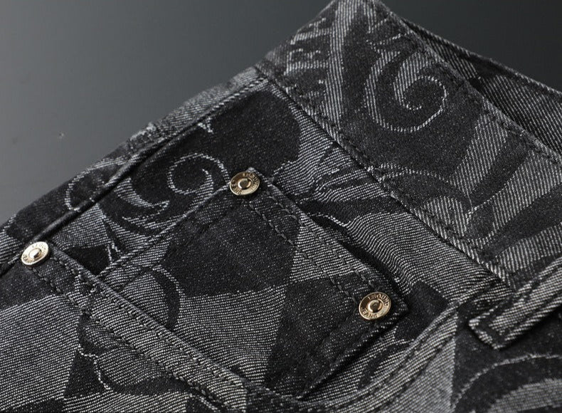 Man wearing flexible, comfortable men's stretch denim jeans with etched design for modern style.