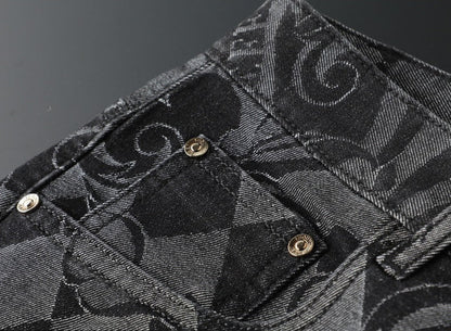 Man wearing flexible, comfortable men's stretch denim jeans with etched design for modern style.